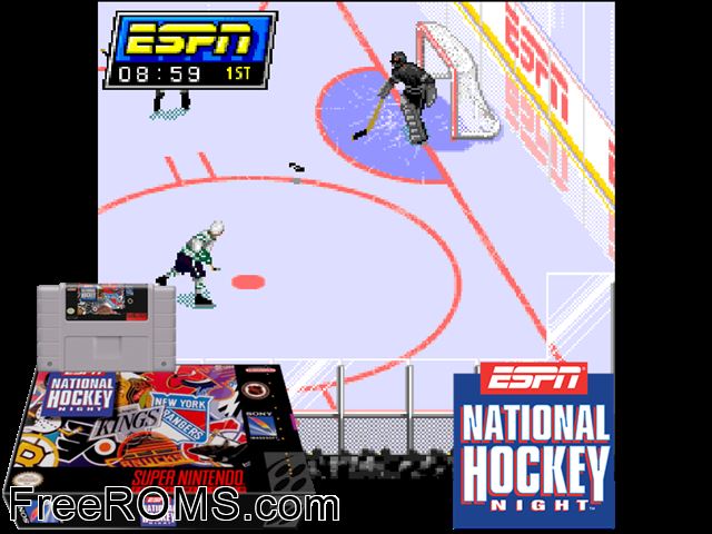 ESPN National Hockey Night SNES game showing 3D box cover and gameplay screenshot