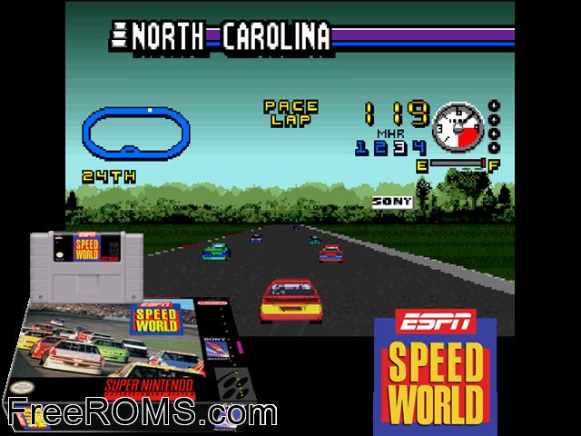 ESPN Speedworld SNES game showing 3D box cover and gameplay screenshot