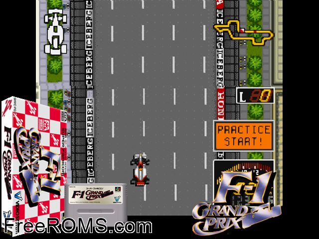 F-1 Grand Prix SNES game showing 3D box cover and gameplay screenshot