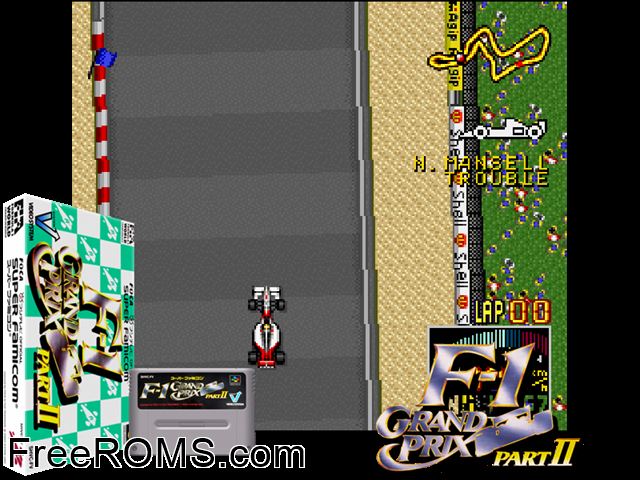 F-1 Grand Prix Part II SNES game showing 3D box cover and gameplay screenshot