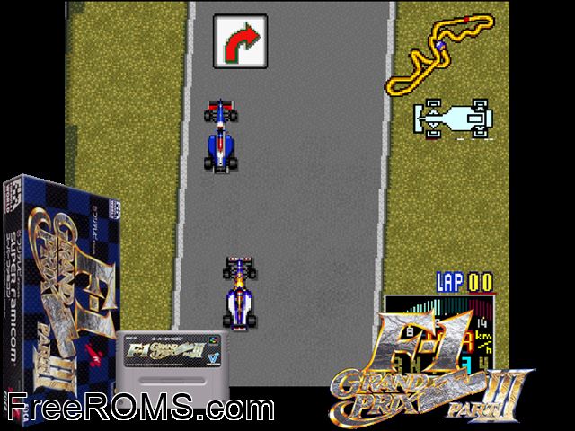 F-1 Grand Prix Part III SNES game showing 3D box cover and gameplay screenshot