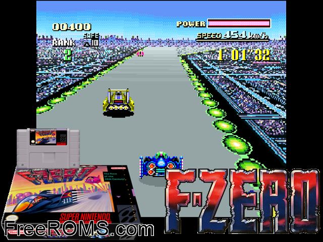 F-ZERO SNES game showing 3D box cover and gameplay screenshot