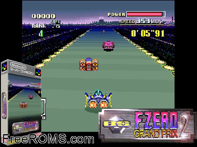 F-ZERO Grand Prix 2 SNES game showing 3D box cover and gameplay screenshot