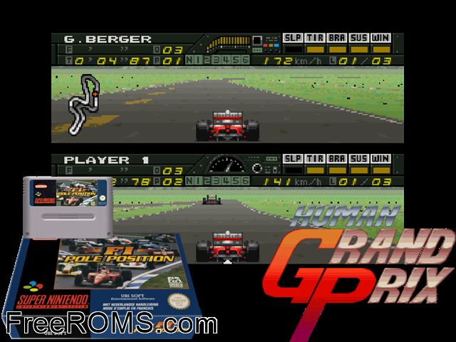 F1 Pole Position SNES game showing 3D box cover and gameplay screenshot