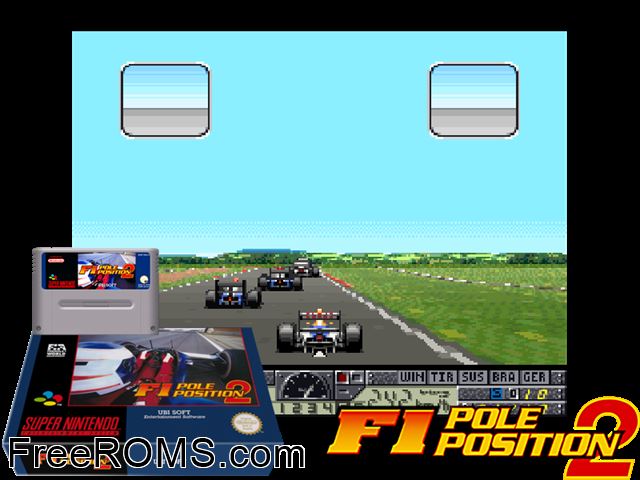 F1 Pole Position 2 SNES game showing 3D box cover and gameplay screenshot