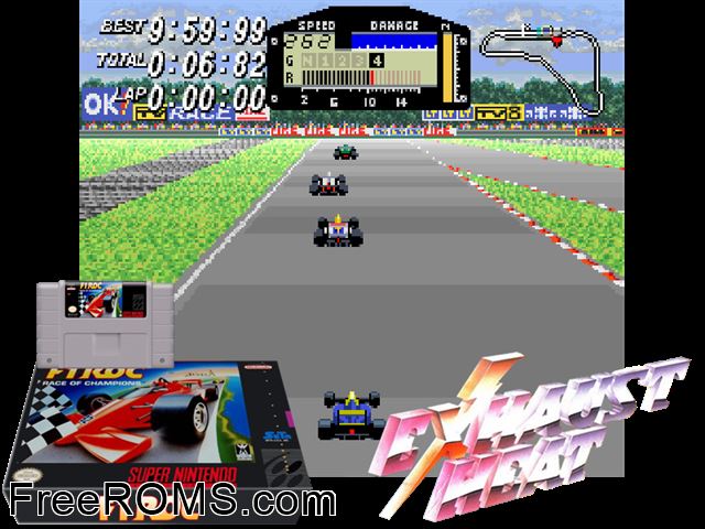 F1 ROC Race of Champions SNES game showing 3D box cover and gameplay screenshot
