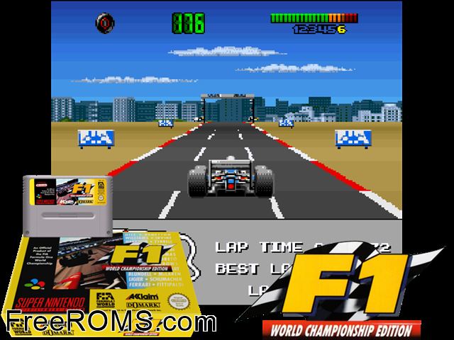 F1 World Championship Edition SNES game showing 3D box cover and gameplay screenshot