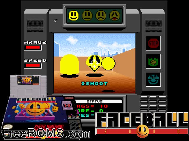 Faceball 2000 SNES game showing 3D box cover and gameplay screenshot