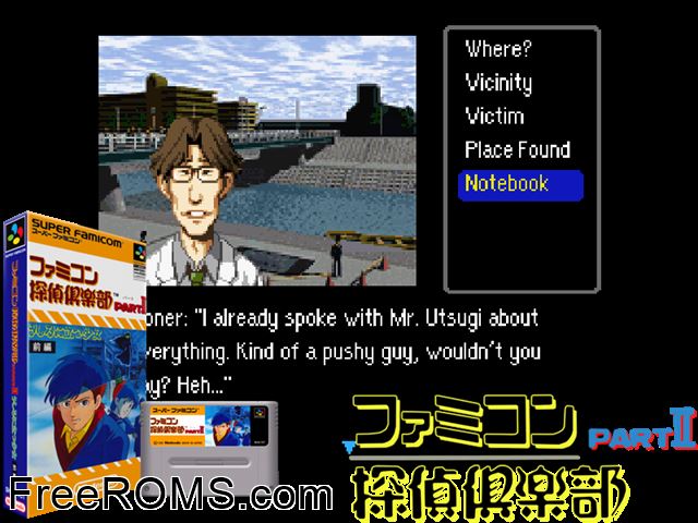 Famicom Tantei Club Part II SNES game showing 3D box cover and gameplay screenshot