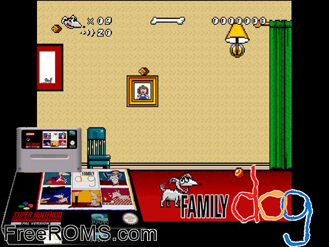 Family Dog SNES game showing 3D box cover and gameplay screenshot