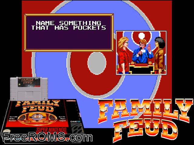 Family Feud SNES game showing 3D box cover and gameplay screenshot