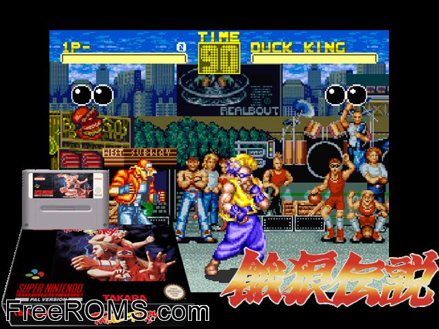 Fatal Fury SNES game showing 3D box cover and gameplay screenshot