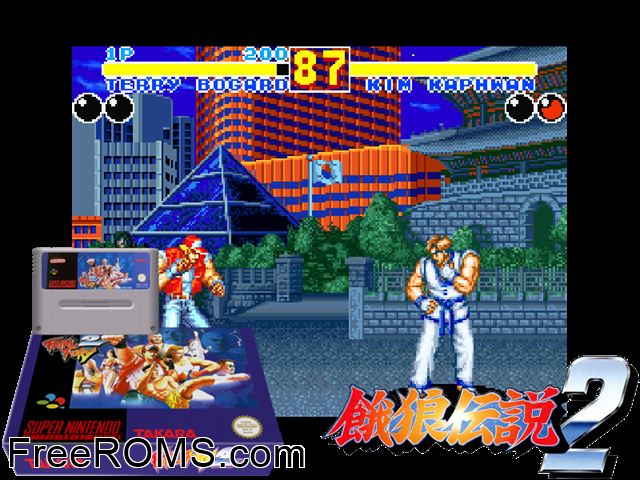 Fatal Fury 2 SNES game showing 3D box cover and gameplay screenshot