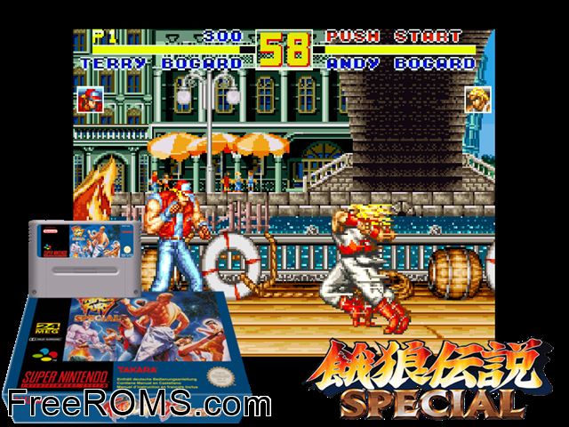 Fatal Fury Special SNES game showing 3D box cover and gameplay screenshot