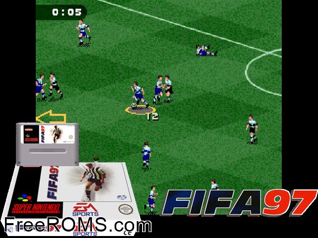 FIFA 97 - Gold Edition SNES game showing 3D box cover and gameplay screenshot