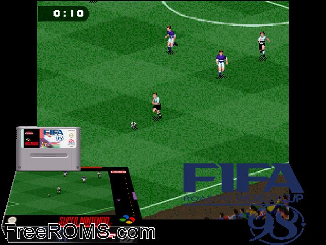 FIFA 98 - Road to World Cup SNES game showing 3D box cover and gameplay screenshot