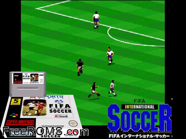 FIFA International Soccer SNES game showing 3D box cover and gameplay screenshot