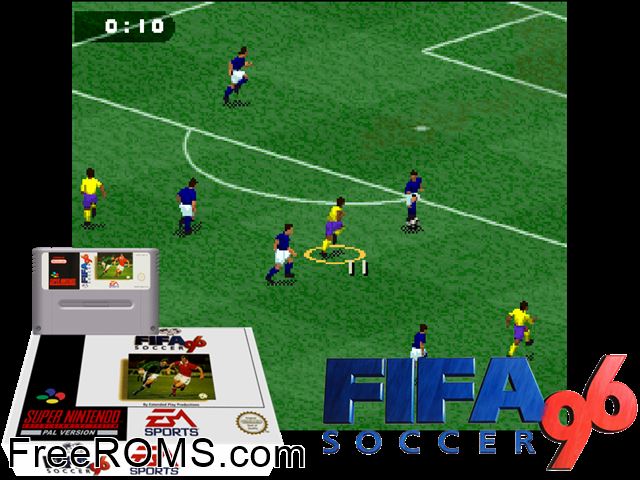 FIFA Soccer 96 SNES game showing 3D box cover and gameplay screenshot