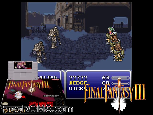 Final Fantasy III SNES game showing 3D box cover and gameplay screenshot