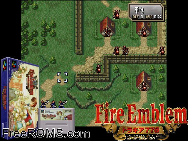Fire Emblem Thraki 776 SNES game showing 3D box cover and gameplay screenshot