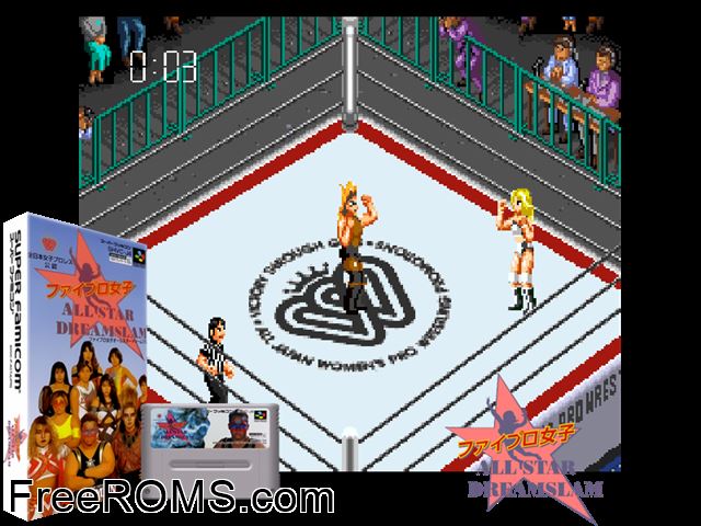 Fire Pro Joshi - All Star Dream Slam SNES game showing 3D box cover and gameplay screenshot