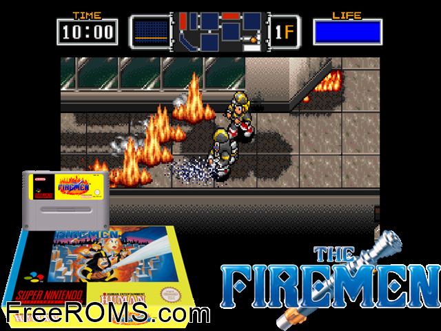 Firemen, The SNES game showing 3D box cover and gameplay screenshot
