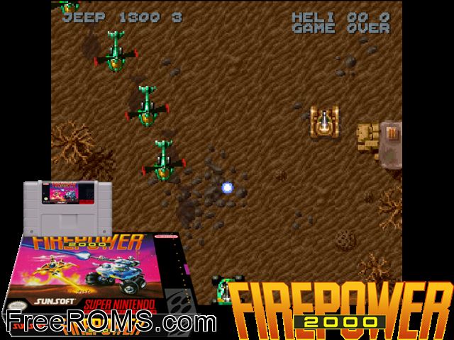 Firepower 2000 SNES game showing 3D box cover and gameplay screenshot