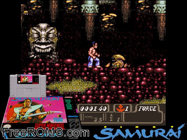 First Samurai SNES game showing 3D box cover and gameplay screenshot