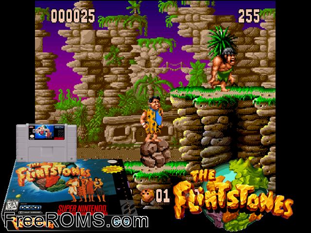Flintstones, The SNES game showing 3D box cover and gameplay screenshot