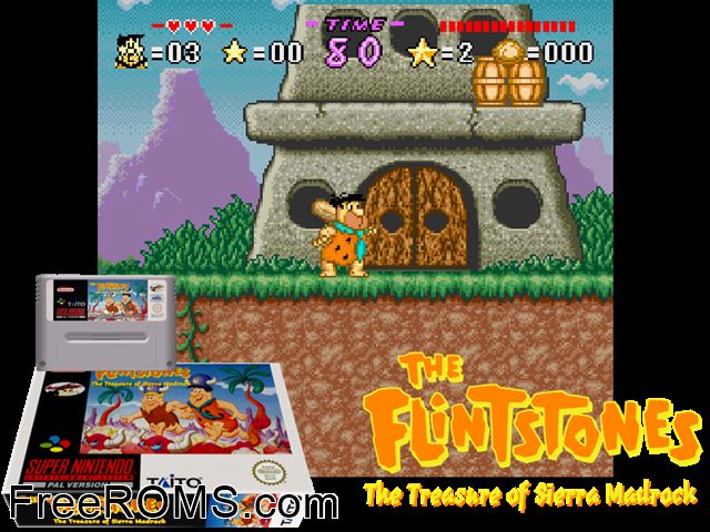 Flintstones, The - The Treasure of Sierra Madrock SNES game showing 3D box cover and gameplay screenshot