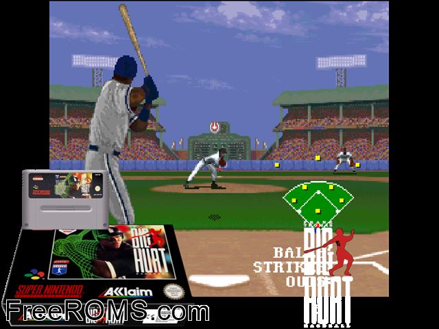 Frank Thomas' Big Hurt Baseball SNES game showing 3D box cover and gameplay screenshot
