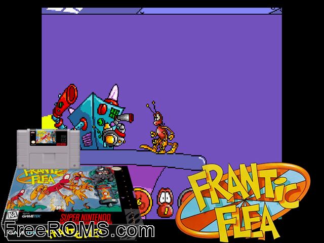 Frantic Flea SNES game showing 3D box cover and gameplay screenshot
