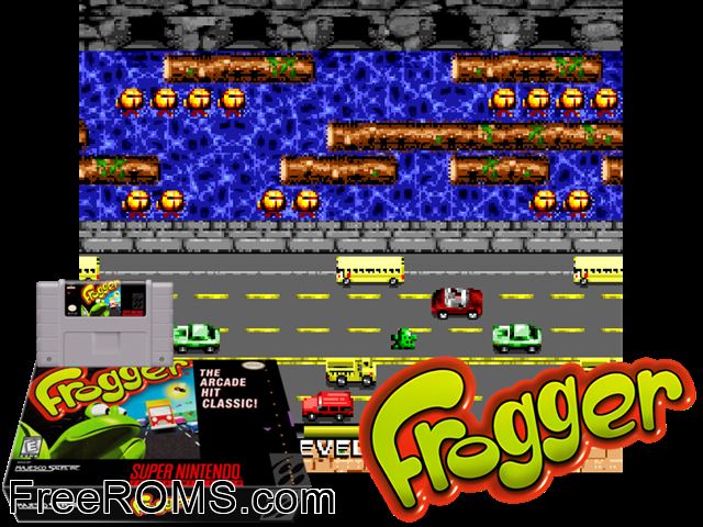 Frogger SNES game showing 3D box cover and gameplay screenshot