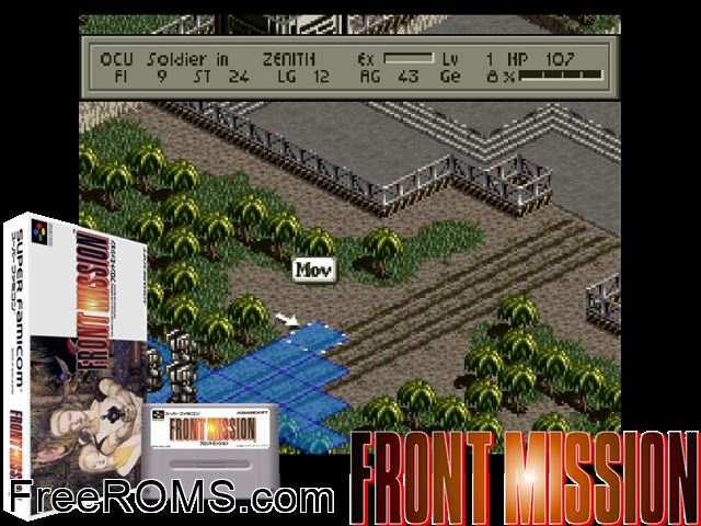 Front Mission SNES game showing 3D box cover and gameplay screenshot