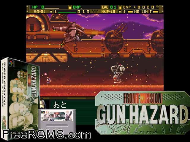 Front Mission - Gun Hazard SNES game showing 3D box cover and gameplay screenshot
