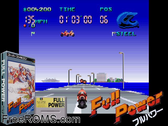 Full Throttle Racing SNES game showing 3D box cover and gameplay screenshot