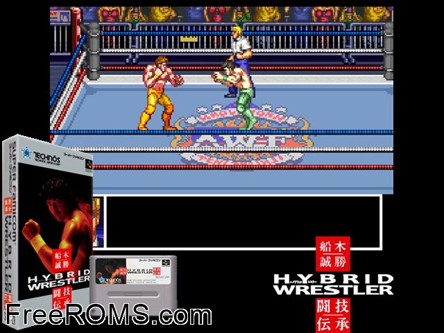 Funaki Masakatsu Hybrid Wrestler - Tougi Denshou SNES game showing 3D box cover and gameplay screenshot