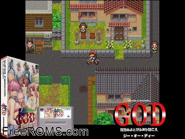 G.O.D - Mezameyo to Yobu Koe ga Kikoe SNES game showing 3D box cover and gameplay screenshot