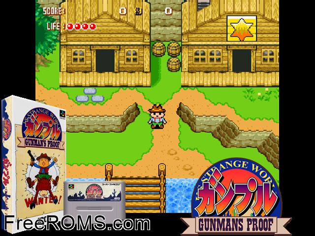 Ganpuru - Gunman's Proof SNES game showing 3D box cover and gameplay screenshot