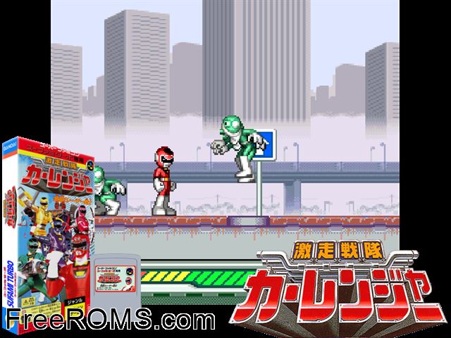 Gekisou Sentai Car Rangers SNES game showing 3D box cover and gameplay screenshot