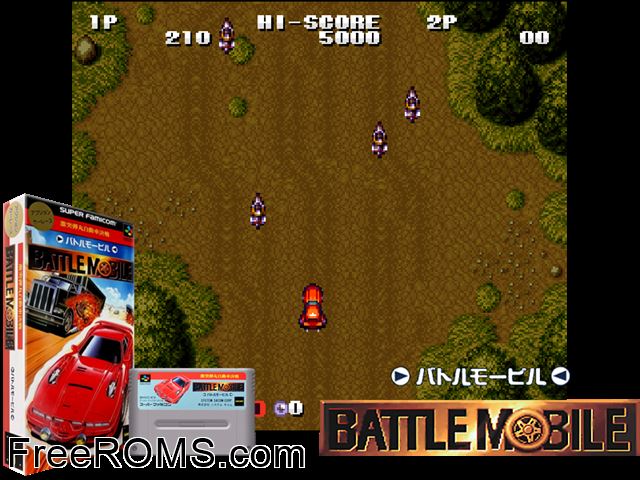 Gekitotsu Dangan Jidousha Kessen - Battle Mobile SNES game showing 3D box cover and gameplay screenshot