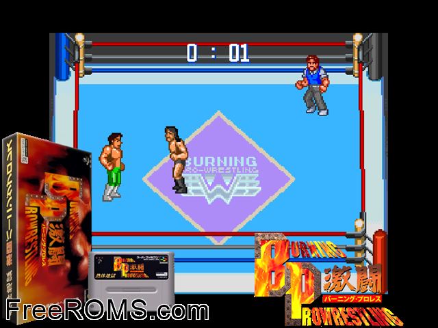 Gekitou Burning Pro Wrestling SNES game showing 3D box cover and gameplay screenshot