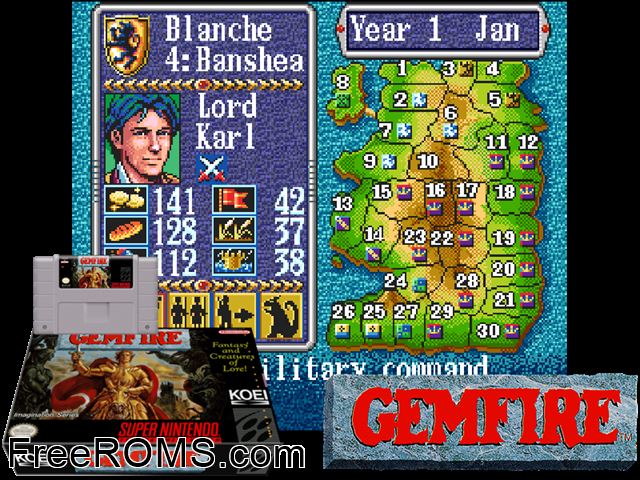 Gemfire SNES game showing 3D box cover and gameplay screenshot