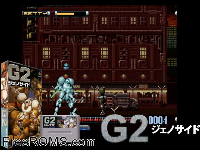 Genocide 2 SNES game showing 3D box cover and gameplay screenshot