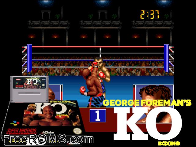 George Foreman's KO Boxing SNES game showing 3D box cover and gameplay screenshot