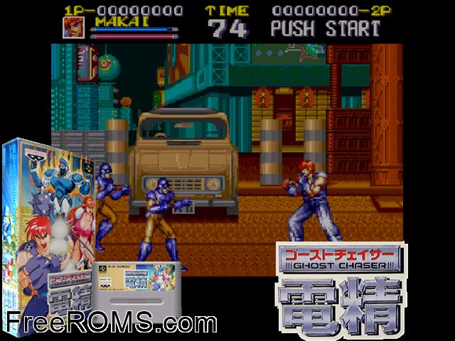 Ghost Chaser Densei SNES game showing 3D box cover and gameplay screenshot