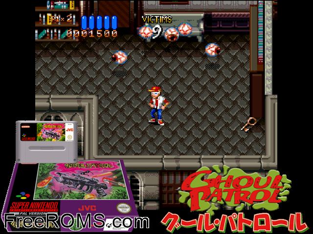 Ghoul Patrol SNES game showing 3D box cover and gameplay screenshot