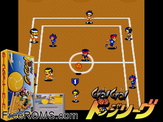 Go! Go! Dodge League SNES game showing 3D box cover and gameplay screenshot