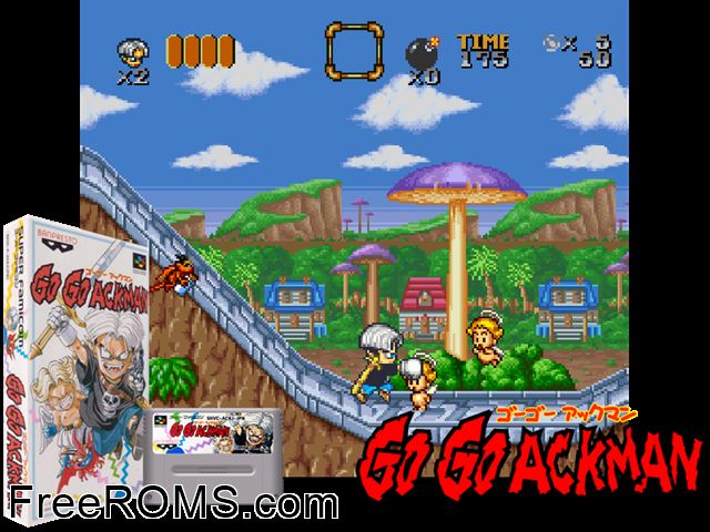 Go Go Ackman SNES game showing 3D box cover and gameplay screenshot