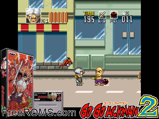 Go Go Ackman 2 SNES game showing 3D box cover and gameplay screenshot